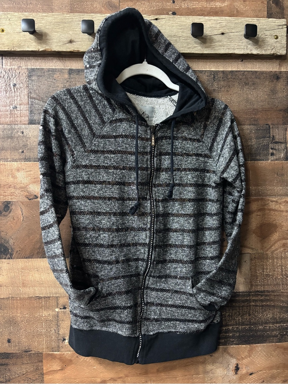 Maurices Black and Gray Striped Zip Hoodie with sequins and “Crystal” zipper